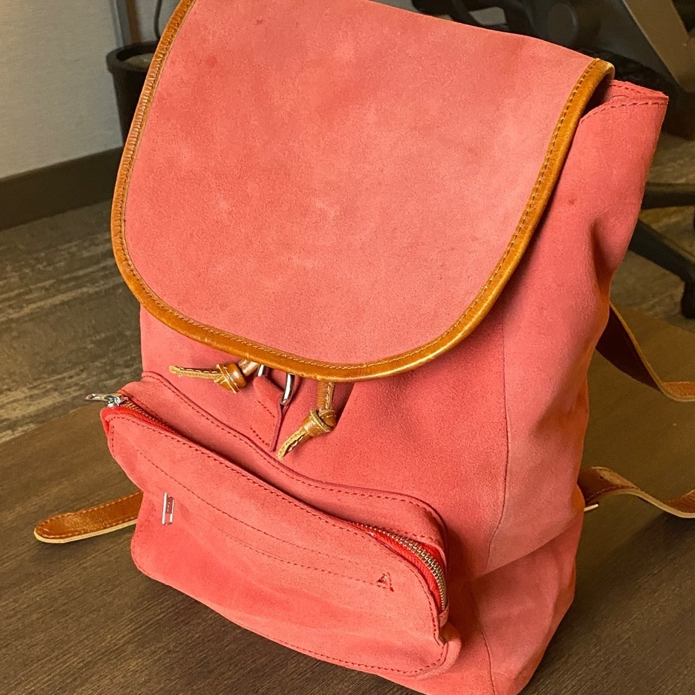 Coral Suede Leathers Backpack with Tan Trim - Women Bags